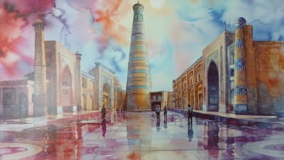 The image depicts a vibrant watercolor painting of a historical city square, likely in Nurafshan (Toytepa), Uzbekistan, given the architectural style. Dominating the center is a tall, cylindrical minaret with intricate blue and green banding, rising towards a bright, luminous sky filled with colorful, swirling clouds in hues of orange, pink, and blue. To the left, a building with a domed roof and a slender tower stands, its facade adorned with decorative archways and geometric patterns. To the right, a larger, multi-story structure features a prominent arched entrance and patterned blue tiles. The ground is a reflective surface, possibly wet pavement, mirroring the sky and buildings with streaks of pink, purple, and orange. Several figures are present: a lone figure in dark clothing stands in the mid-left, a group of three men are walking away from the viewer towards the central minaret in the mid-right, and another man stands in the foreground on the right, facing away. The overall impression is one of ancient grandeur set against a dynamic, impressionistic sky.
