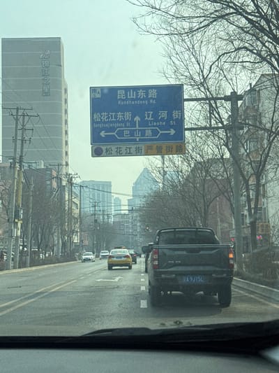 The image depicts a multi-lane urban road viewed from the interior of a vehicle, looking forward. The scene is located on Kunshandong Road in Huanggu District, Shenyang, China, specifically near its intersection with Bashan Road.

In the immediate foreground, the bottom edge of a vehicle's windshield is visible. Directly ahead, occupying the right lane, is the rear of a dark gray pickup truck (license plate 辽 A 9J75L). Its left taillight is illuminated. The pickup truck features an aftermarket roll bar or sports bar mounted on its bed. Ahead of the pickup truck, in the left lane, a yellow taxi is visible, followed by a white sedan and additional vehicles receding into the distance. All vehicles appear stationary or moving slowly, suggesting traffic congestion or a stop at an intersection.

Overhead, a prominent blue gantry sign provides directional information in white Chinese and English text. It indicates that "昆山东路 Kunshandong Rd," "松花江东街 Songhuajiangdong St," and "辽河街 Liaohe St" are straight ahead, while "巴山路 Bashan Rd" is accessible by turning left or right. Below this sign, a smaller regulatory sign reads "松花江街 严管街路" (Songhuajiang Street Strictly Managed Road).

To the left of the road, a tall, light-colored building bearing the vertical signage "锦江之星" (Jinjiang Inn) is visible. In front of this building, multiple utility poles with complex networks of overhead power lines are present. The right side of the road is lined with bare deciduous trees, indicative of late autumn or winter. Beyond the trees and further down the road, various multi-story urban buildings form a hazy skyline. The sky is overcast and uniformly gray, suggesting a cloudy or hazy day, which contributes to reduced visibility of distant objects. Road markings, including a double yellow solid line, a white dashed line, and a white arrow indicating a straight-ahead movement, are visible on the asphalt surface. A faint yellow traffic light can be seen in the distance. No discernible individuals are visible.