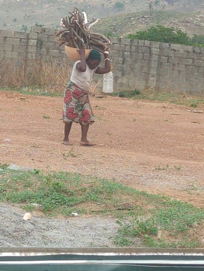 A woman in Karsana 2, Nigeria, carries a bundle of firewood on her head. She wears a headscarf, a white tank top, and a skirt with red floral patterns. A water bottle rests atop the firewood. The woman walks on a dirt path lined with green vegetation on one side and a stone wall on the other. The ground is brown and dry.