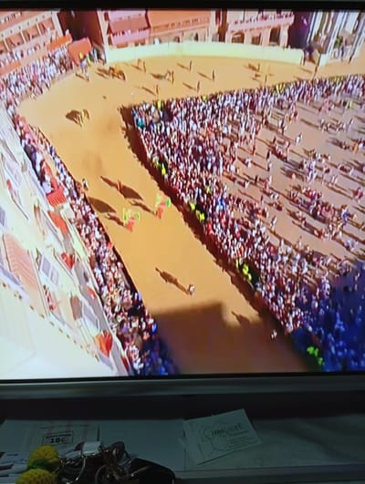 The image captures a wide view of a public gathering in Siena, Italy, likely during the Palio horse race. The foreground of the image shows a portion of a television screen displaying the event, with a set of keys and a small yellow object resting on a surface below.
The main scene on the screen depicts a densely packed crowd of spectators lining a sandy track, which appears to be the Piazza del Campo. The buildings surrounding the piazza are visible, with their characteristic Sienese architecture. Numerous individuals are standing and watching, with some appearing to be seated on elevated structures. Several horsemen, adorned in colorful attire, are visible on the track, indicating the ongoing race. The atmosphere appears vibrant and energetic, with a sense of excitement emanating from the crowd.