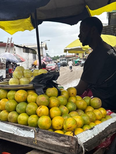 This image captures a vibrant street scene in Lagos, Nigeria. The main subjects are a man and a large pile of citrus fruits, likely oranges or tangerines, displayed for sale. The man, silhouetted against a bright sky, is positioned under a yellow awning, suggesting a market or roadside stall. He is wearing a dark t-shirt with some visible white text on the back, partially obscured.
The fruits are the dominant object, with numerous round, green and yellow citrus fruits piled high in a wooden crate. The crate itself shows signs of wear, with weathered wood and a strip of white tape. Behind the fruit stall, the bustling atmosphere of a Lagos street unfolds. We see other market stalls with colorful awnings, people walking, and vehicles, including cars and possibly a motorcycle, on a paved road. The sky is overcast, indicating it might be a cloudy day, or possibly the early morning or late afternoon. The overall impression is of a lively, everyday scene in a Nigerian marketplace. The composition, with the man in silhouette and the abundant fruit, creates a visually engaging and authentic depiction of local commerce. The text visible on the man's shirt appears to be "MAKE WE SP" and "080".