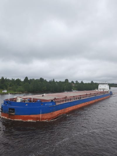 A large, flat-topped cargo barge, predominantly blue and orange in color, is moving on a body of dark water, likely a river or wide canal. The barge has the inscription "ПТ 82005" visible on its hull. On the side of the barge, there are measurement markings, likely indicating the draft of the vessel. On the horizon, there's a line of green trees and vegetation, with a few buildings visible amongst the trees. The sky is overcast with gray clouds. The location is Анхимово, Russia.