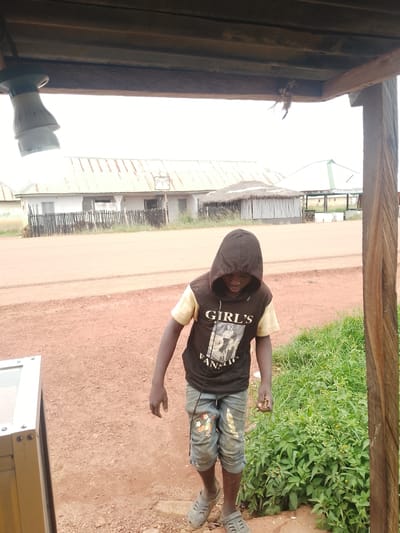 A young boy stands outdoors under a wooden overhang, looking down. He is wearing a hooded sweatshirt with a graphic of two women and the text "GIRL'S FANCI" on the front. His pants are distressed denim shorts with patches. He is wearing grey sandals.

Behind the boy, a dirt road stretches into the distance, lined by buildings with corrugated metal roofs and some thatched structures. A wooden fence runs along the front of one of the buildings. Lush green vegetation with small yellow flowers is growing to the right of the boy. A light fixture hangs from the wooden overhang above him. The sky is overcast, suggesting a cloudy day. The scene appears to be a rural or semi-urban area, possibly a roadside market or village in Agwala, Nigeria. The boy's posture and downward gaze might suggest contemplation or waiting.