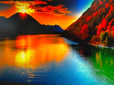 The image depicts a vibrant sunset over a serene body of water, flanked by silhouetted mountains and a tree-covered slope. The sky is ablaze with fiery oranges, reds, and hints of yellow, with dramatic clouds catching the last rays of sunlight. The sun itself is a bright, concentrated point of light peeking over a dark mountain peak, casting a brilliant reflection onto the water. The water transitions from a warm, golden-orange hue in the foreground, mirroring the sunset, to a cool blue further away. On the right side of the image, a steep slope is densely populated with trees, many of which are displaying autumnal colors of vibrant red and orange, interspersed with darker green foliage. The overall scene is one of natural beauty and tranquility. There is no identifiable indication of the city of Ellwangen, Germany within the provided image.