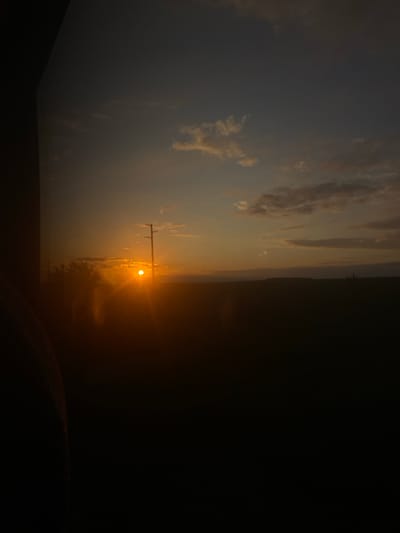 The image displays a dramatic sunset or sunrise over a landscape, likely in Buhovtsi, Bulgaria. The sun, a small but intensely bright and glowing orb, is positioned low in the sky, dominating the center-right of the frame with its powerful golden light. Its rays spread across the sky, creating a radiant halo effect and illuminating the edges of clouds.
A utility pole or similar tall structure stands prominently in silhouette directly in front of the sun, its dark outline contrasting sharply with the brilliant light. To the right of the pole and beneath the sun, silhouettes of trees or dense foliage are discernible along the horizon line.
The sky exhibits a gradient of warm colors, ranging from fiery oranges and yellows near the sun to softer grays and blues further away. Scattered clouds, some catching the warm light and others appearing as darker masses, add texture to the sky. A distant, dark horizon line, possibly indicating hills or mountains, stretches across the lower portion of the illuminated sky. The immediate foreground and a significant portion of the image's left side are plunged into deep shadow, appearing almost black, with minimal discernible details.
The scene captures the serene and stark beauty of either dawn or dusk, characterized by strong contrasts between light and shadow. There is no visible text in the image.
