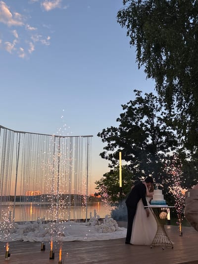 A wedding ceremony is taking place outdoors at sunset, with fireworks illuminating the scene. A couple is in the foreground, kissing in front of a three-tiered wedding cake. The bride wears a white gown, and the groom is in a black suit. Behind them, a backdrop of hanging lights and a body of water with buildings in the distance can be seen. Trees frame the right side of the image, and a tall lamp post stands to the left of the couple. The ground is a wooden deck. The location is the city of Osipovo, Russia.