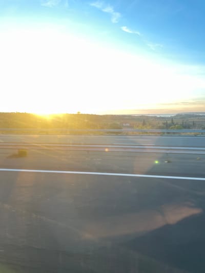 This image depicts a highway scene at sunset or sunrise in La Palme, France. The sun, a brilliant golden-orange light source, is positioned low on the left horizon, illuminating the foreground and midground and causing bright lens flares on the road and guardrail. The sky transitions from a bright, nearly white glow near the horizon to a clear blue with wispy white clouds higher up. In the immediate foreground, a dark asphalt multi-lane road is visible, featuring a distinct solid white line marking a lane or shoulder. A silver metal guardrail extends horizontally between the road and the adjacent landscape. Beyond the guardrail, an upward-sloping expanse of green vegetation, including various trees and shrubs, forms a hillside. A prominent white sign displaying the letters "GM" is visible on this vegetated slope in the midground. In the far background, a large body of water, likely a lagoon or lake, extends to the horizon, with faint land masses discernible beyond it. No individuals are present.
