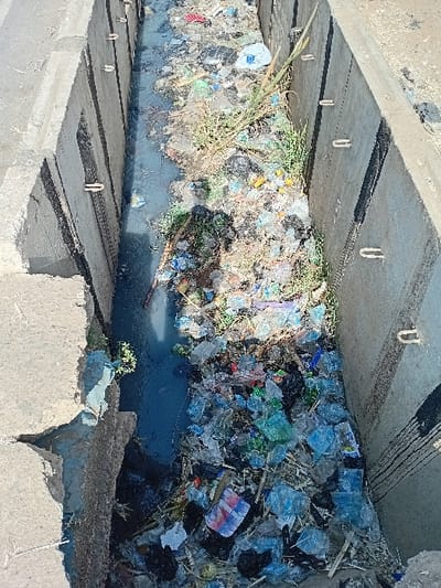 An open concrete drainage channel in Sharada, Nigeria, is depicted from an overhead perspective, heavily obstructed by refuse and stagnant water under direct sunlight. The channel features vertical concrete walls; the right wall contains five visible, evenly spaced U-shaped metal fixtures embedded along its length. Dark, murky water is visible on the left side of the channel, flowing or pooling alongside a dense accumulation of waste that fills the majority of the channel's width and depth. The refuse consists predominantly of numerous plastic bottles (clear, blue, green), plastic bags, and other assorted plastic debris, intermingled with dried organic material and green weeds, including a prominent long grass stalk extending from the upper right. A human shadow is cast diagonally across the central portion of the channel, overlaying both the water and the accumulated refuse.