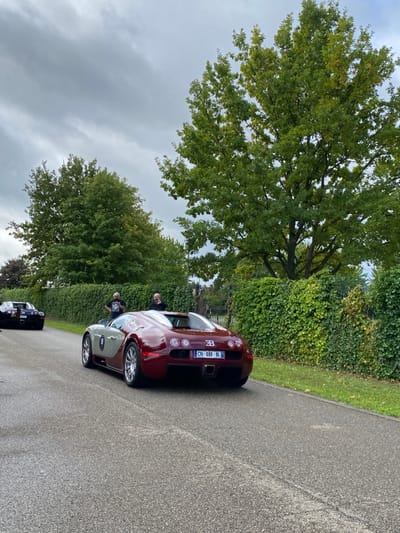 The image depicts an outdoor scene in Dorlisheim, France, on a paved road under an overcast, grey sky. A two-tone Bugatti Veyron convertible is centrally positioned in the mid-ground, facing away from the viewer. Its rear half is a deep burgundy, transitioning to a light grey or silver front half. The vehicle displays a French license plate "CN-888-BL" and a "BB" emblem on its rear. Further down the road on the left, a black luxury sports car is partially visible. Two adult males are standing on the left side of the road near the burgundy Bugatti; one is engaged with a mobile phone. The road surface is dark asphalt. Dense green foliage flanks both sides of the road, comprising tall, mature trees with full canopies and a thick hedge of climbing plants along the right edge.