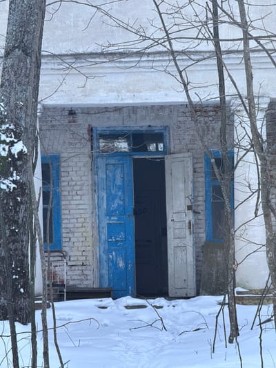 A weathered building facade, partially obscured by branches and snow. The brick structure features a balcony with missing or damaged doors and windows framed in faded blue paint. A top window is also blue. The brick is mostly white. Portions of the building are deteriorated, showcasing signs of neglect. A thick layer of snow clings to one side of the building, further obscuring its details. The overall scene evokes a sense of decay.
