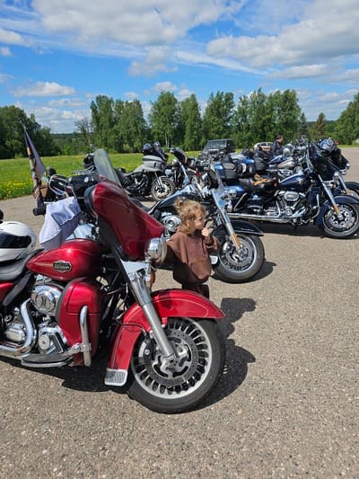 The image shows a row of parked motorcycles on an asphalt road in an outdoor setting, possibly near Borodinskogo Muzeya, Russia. The motorcycles are of varying models and colors, predominantly Harley Davidson. A young child wearing a brown sweatshirt and pants is lying on or leaning against one of the motorcycles. The background features a green grassy area and trees under a blue sky with scattered clouds. The light indicates it is daytime, with clear sunlight and shadows.