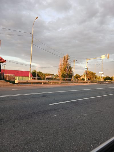 An eye-level, medium shot captures a paved road with white dividing lines on the right side of the frame. Beyond the road, a pedestrian crossing with a traffic light and a pedestrian sign is visible. Several streetlights and utility poles with wires are interspersed throughout the scene. In the middle ground, a metal guardrail runs parallel to the road. Behind the guardrail, a building with a red roof and green walls is partially visible on the left, with wooden fencing in front of it. Further back, trees and other buildings can be seen under a cloudy sky. The scene appears to be a roadside area in or near the village of Marievka, Russia, possibly during the late afternoon or early evening given the lighting.