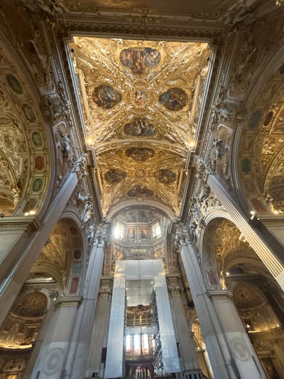 The image shows the interior of the Bergamo Cathedral, also known as the Basilica di Santa Maria Maggiore, in Bergamo, Italy. The camera is pointed upwards, capturing the ornate and gilded ceiling with intricate paintings and stucco work. Large marble columns support the vaulted ceiling, which is adorned with a series of framed religious scenes and decorative motifs. Natural light streams in from unseen windows, illuminating the golden details and creating a sense of grandeur. The overall impression is one of rich historical and religious architecture.
