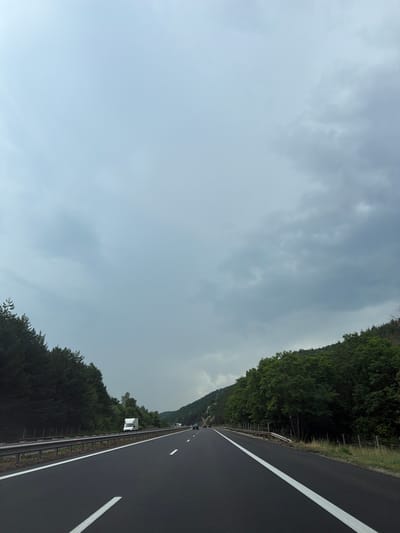 The image depicts a highway scene in Dolno Varshilo, Bulgaria. The perspective is from the perspective of a vehicle driving on the road, looking towards the right. The highway is paved with dark asphalt and marked with a solid white line on the right side, indicating the edge of the travel lane. On the left side of the highway, there is a steep, tree-covered incline, forming a dense forest. A guardrail runs along the edge of the road separating it from the embankment. In the distance, several vehicles can be seen on the highway. A white speed camera box is mounted on a pole along the roadside. The sky is overcast with gray clouds, suggesting a cloudy day, potentially with rain approaching. The time of day appears to be daytime, but the lack of direct sunlight and the overcast sky create a diffused light. The scene evokes a sense of travel and movement through a natural landscape.