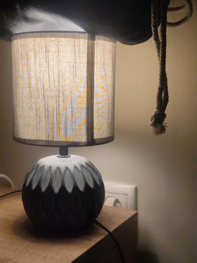 A close-up, low-angle shot focuses on a table lamp on a wooden surface. The lamp has a dark, intricately carved base with a white, petal-like design. A cylindrical lampshade, made of textured fabric with a subtle yellow pattern, is illuminated from within. To the right of the lamp, a section of a white electrical outlet is visible on a cream-colored wall. A thick, braided rope with a knot hangs from above, to the right of the lampshade. The lighting creates a warm, atmospheric glow, casting shadows. The image appears to be taken indoors, likely in a residential setting, though the specific location within Neapoli Municipal Unit, Greece, cannot be determined from the visual information.
