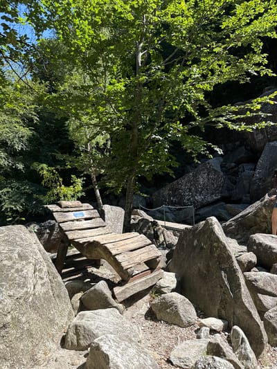 The image depicts a wooden ramp-like structure made of weathered planks, situated amidst large, grey boulders and lush green foliage. The structure appears to be part of a trail or path in a natural, rocky environment. A small blue sign is affixed to the top plank of the ramp. In the background, a chain-link fence runs horizontally, and the scene suggests an outdoor recreational area. The overall environment is rocky and forested, characteristic of mountainous regions.