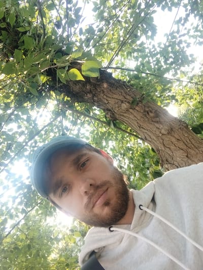 The image is a selfie taken from a low angle, looking up towards the sky and a large tree. The primary subject is a young man wearing a light-colored hooded sweatshirt and a teal baseball cap. He has light skin, brown hair, and a light beard. His facial expression appears neutral or slightly curious. The background is dominated by the trunk and branches of a tree, covered in lush green leaves. Sunlight filters through the leaves, creating a bright, dappled effect and suggesting it is daytime, likely morning or late afternoon due to the warm light. The overall setting appears to be outdoors, possibly a park or a natural area, given the abundance of foliage. There are no visible objects other than the man and the tree, and no text is present in the image. The mood conveyed is relaxed and natural.