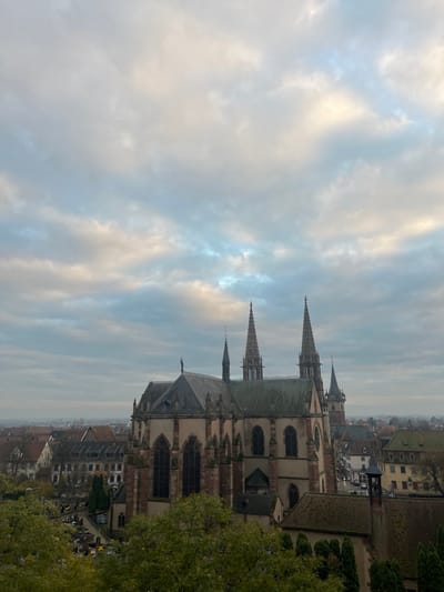 The image displays an elevated view of the city of Obernai, France, under an overcast sky exhibiting varying shades of grey and blue, with lighter, possibly illuminated, cloud patches. The central subject is the Saints Pierre et Paul Church, a substantial Gothic-style structure constructed from light-toned stone with dark, steeply pitched roofs. The church is characterized by multiple spires, including two prominent, ornate spires on its right flank, a smaller spire to their left, and an additional, distinct pointed bell tower visible further to the right and slightly behind the main body. Tall, arched windows with dark frames and exterior buttresses are visible along the church's perimeter.

To the left of the church, a cemetery is visible, featuring rows of tombstones or grave markers interspersed with dark green foliage; some graves display small yellow objects. The surrounding cityscape comprises numerous traditional European buildings with varied roof colors, including red, orange, and dark grey tiles. A street is discernible to the right of the church, exhibiting parked vehicles and streetlights. The foreground is occupied by dense green tree foliage, partially obscuring the lower sections of the church and adjacent buildings. No individuals or specific actions are identifiable within the scene.