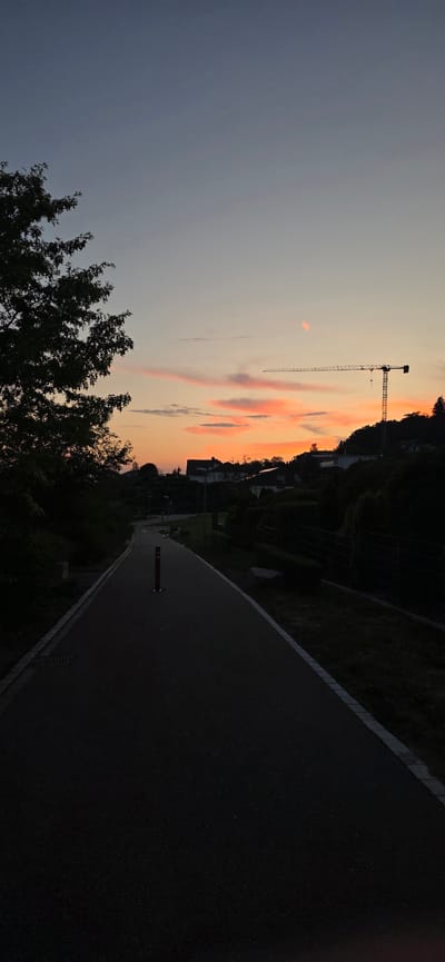 This image captures a serene sunset scene in Lieli, Switzerland. The dominant subjects are the dramatic sky, a construction crane, and a winding road. The sky is painted with vibrant hues of orange, pink, and gray, indicating the transition from day to night. Wispy clouds are scattered across the sky, catching the last rays of the setting sun.
A tall construction crane stands prominently against the colorful sky, suggesting ongoing development in the area. Below, a residential area with houses is visible nestled on a hillside, partially obscured by trees. A dark, paved road curves through the foreground, leading the viewer's eye into the scene. The presence of trees, particularly in the lower left of the image, adds a natural element to the composition. The overall mood is peaceful and contemplative, with the warm colors of the sunset evoking a sense of calm. The time of day is clearly sunset, given the light and colors in the sky. There is no visible text in the image.