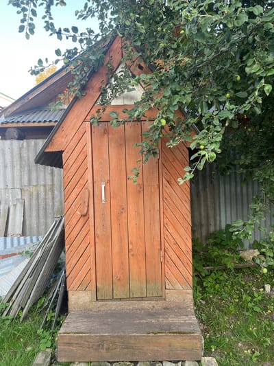 This is a medium-angle, eye-level, outdoor shot of the side of a rustic wooden outbuilding, possibly a shed or privy, in Bogorodsk, Russia. An apple tree with green leaves and some small, unripe apples hangs over the left side of the structure, its branches partially obscuring the roof and a section of the wooden door. The door is made of horizontal planks with a reddish-brown stain and features a simple metal handle. The lower part of the outbuilding is clad in diagonally oriented planks, also stained brown.
To the right of the wooden door, a weathered wooden plank forms part of a path or platform leading to the entrance. Behind the outbuilding, sections of corrugated metal roofing and what appears to be asbestos cement sheets are visible, suggesting a utilitarian or perhaps disused area. Overgrown green vegetation and grass surround the base of the outbuilding, with some scattered stones and larger rocks. The sky is visible in the upper left, appearing bright, suggesting daytime, possibly late afternoon. The overall impression is one of a natural, slightly unkempt rural or garden setting. No people are visible, and the image conveys a sense of quiet solitude. There is no visible text in the image.
