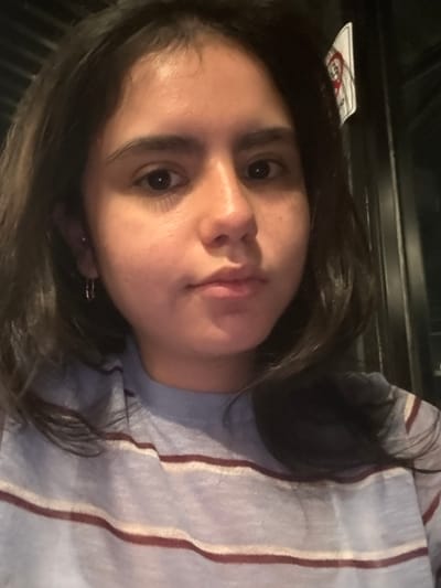 The image presents a frontal view of a young adult female, positioned in what appears to be an indoor setting. She has dark, medium-length hair that frames her face, dark eyes, and a fair complexion. Her expression is neutral with closed lips, and she looks directly into the camera. In her left earlobe (viewer's left), a small silver hoop earring is visible, along with a smaller piercing higher on the ear's cartilage. She is wearing a light blue t-shirt featuring thin horizontal stripes in white and dark red/maroon. The background is dark and out of focus. To the upper right of the subject's head, a partial white sign with red markings, resembling a "no entry" or "no smoking" symbol (a red circle with a diagonal line), is attached to a dark vertical surface. The specific location within the city of Santiago, Mexico, cannot be determined from the visual evidence provided in this image.