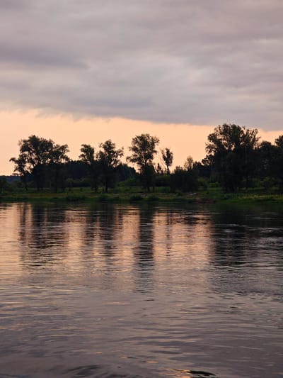 A wide, calm river reflects the silhouette of a tree-lined bank under a dusky, cloudy sky. The trees are dark green, forming a dense line along the horizon. The water in the foreground is dark and rippled, with the reflections of the trees and the soft peach-colored sky appearing as broken, shimmering bands of color. The overall mood is serene and peaceful, suggestive of twilight or early dawn. The location is the city of Kazachinskoe, Russia.