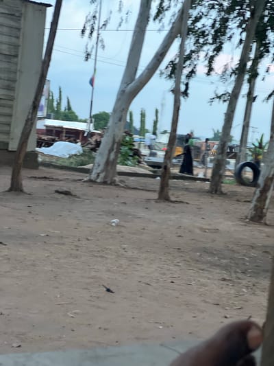 The image shows an outdoor scene with a dusty, sandy ground. Several trees with thin trunks and sparse foliage are present, casting shadows. In the background, there is a light-colored building with a corrugated metal roof on the left. Further in the distance, structures resembling small market stalls or shops are visible, along with some vegetation. A white sheet or fabric is spread out near one of the stalls. A flag with multiple colors, possibly red, green, and yellow, is flying on a pole. Several people are walking or standing in the mid-ground, with some appearing to be near a three-wheeled vehicle. A black tire is leaning against a tree on the right side of the frame. A single plastic bottle is on the ground in the mid-ground. The sky is overcast. The image is blurry, suggesting it was taken with a moving camera or in low light conditions. The scene appears to be a general street view in a town or village.
