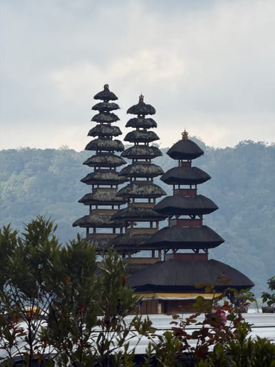 This image shows the Pura Ulun Danu Beratan temple complex, located on the shores of Lake Beratan in Bali, Indonesia, near the city of Banjar. The temple is characterized by its multi-tiered meru towers, which have thatched roofs and are designed to represent the different levels of the cosmos. The foreground is partially obscured by lush green foliage and some flowering plants, with a hint of white structures and possibly vehicles beneath them. In the background, rolling hills covered in dense, verdant forest recede into a hazy, overcast sky. The overall atmosphere is serene and somewhat muted due to the cloudy weather. No people are visible in the frame.