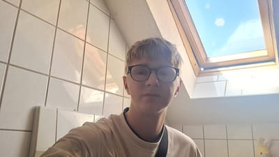 The media file features a young person with blonde hair and glasses, taking a selfie indoors. The subject is positioned in the center of the frame, looking directly at the camera. They are wearing a light-colored t-shirt. The background consists of white tiled walls and a skylight showing a bright blue sky with decorative snowflake-like shapes. The lighting suggests it is daytime. The setting appears to be a bathroom or a similarly tiled room. On the wall to the left, there is a white flush plate with "GEBER" visible in text. To the right, a small yellow plush toy with bunny ears is partially visible. The overall mood is casual and neutral. The location is identified as Parchim, Germany.