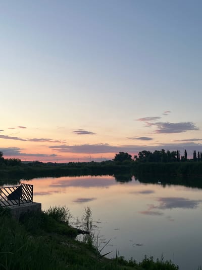 The image depicts a serene sunset over a tranquil body of water, likely a river or lake, in Kotovo, Russia. The sky is a gradient of soft blues and pale oranges, with wispy pink-tinged clouds scattered across it. In the distance, silhouetted against the horizon, are several wind turbines, characteristic of rural landscapes. The water's surface acts as a mirror, reflecting the sky and the surrounding lush greenery. On the left bank, a small concrete platform with a black metal railing overlooks the water, suggesting a viewing area or a small pier. Tall reeds and grass grow along the water's edge. In the middle distance, a white swan is visible on the water, adding a touch of natural elegance to the scene. The overall atmosphere is one of peacefulness and natural beauty.