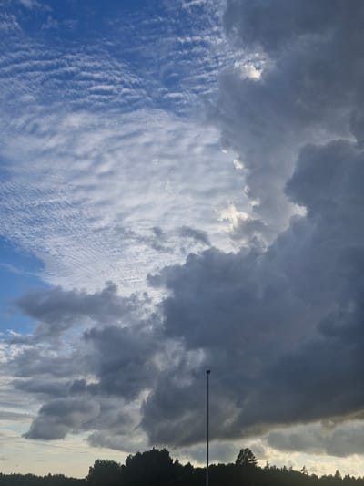 The image displays a dynamic sky over a treeline, likely in the vicinity of Jenči, Latvia. The sky is a dramatic mix of dark, heavy storm clouds dominating the right side of the frame and wispy, textured cirrus clouds stretching across the upper left portion. A sliver of bright blue sky is visible in the far upper left. A tall, slender light pole stands vertically in the lower right quadrant, silhouetted against the cloudy sky. The treeline at the bottom of the image is dark and dense, suggesting a natural or forested area. The lighting indicates it could be late afternoon or early evening, with some sunlight breaking through the storm clouds. There are no people or active events depicted in the scene.