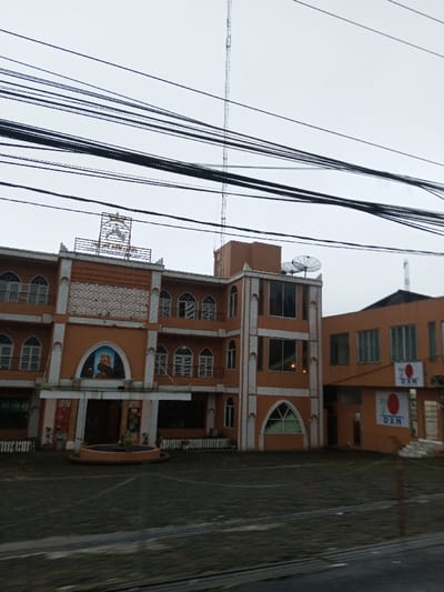 The image depicts an urban scene in Dawathang_Dorjibi_ Kashingtsawa, Bhutan, under an overcast sky. The primary subject is a multi-story building featuring an orange facade with white architectural trim, displaying numerous arched windows with white frames. A prominent sign adorns the roofline, showing a crown-like emblem above a stylized animal, with partially legible text including "GYEMED" and "CAFE". Below this, a decorative patterned panel spans the building's mid-section. The ground floor includes a large arched recess containing a three-dimensional model of a fortified structure. In front of the main entrance, a circular, dry fountain or planter is visible on a paved area, which extends into the foreground with dark, possibly tiled or cobblestone pavement.

To the right, an attached or adjacent orange building with rectangular windows is visible. This structure features two vertically stacked rectangular signs, each displaying a red circle on a white background with the white letters "DXN" within.

The scene is intersected by numerous black utility wires running horizontally across the upper middle portion of the frame. In the background, behind the main building, a tall, slender communication tower is visible. Two satellite dishes are mounted on the roof of a raised section of the primary building. No individuals are present in the frame, and no specific actions or interactions are depicted.