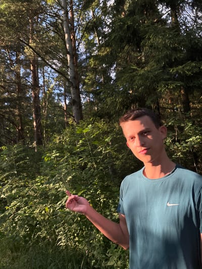 A young man is pictured in a wooded area in Shevl'yagino, Russia. He is wearing a teal t-shirt with a white Nike logo on the left chest. The man is looking towards the camera with a neutral expression, and sunlight is casting a shadow across his face. He is holding a thin stem of a plant in his right hand. The background is filled with lush green foliage and trees, suggesting it is daytime and likely summer or early autumn. The lighting indicates it is either morning or late afternoon, with the sun creating warm highlights and shadows. The overall impression is one of a casual outdoor moment. No visible text other than the Nike logo.