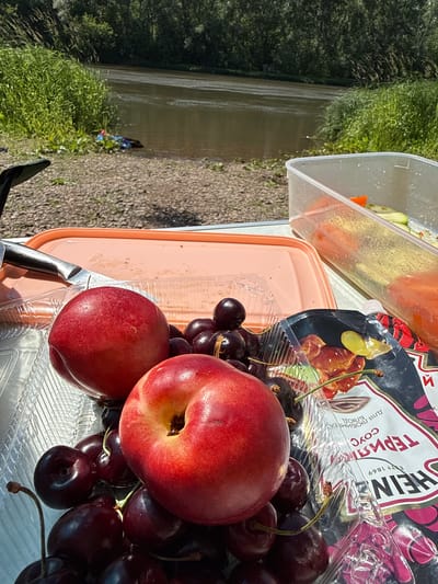 An overhead shot captures a picnic spread by a river, featuring a generous assortment of fresh fruit. Two large, red nectarines are prominently displayed, one slightly larger and with a prominent indentation. Surrounding them are numerous dark red cherries, some still attached to their delicate stems. The fruits are arranged in and around clear plastic containers, suggesting they are ready for consumption.

A pale pink rectangular tray lies behind the fruit, with a silver knife resting on its edge. To the right, a clear plastic container holds sliced vegetables, including red bell peppers and possibly zucchini. A packet of Heinz ketchup, identifiable by its distinctive branding, is also visible amongst the fruit.

The background reveals a tranquil river flowing gently, bordered by lush green reeds and tall grasses. Beyond the riverbank, a dense forest with a variety of trees creates a natural backdrop. The ground in the foreground appears to be a mixture of pebbles and soil. The overall impression is of a peaceful outdoor gathering, likely a picnic or a leisurely stop by the water's edge. The presence of the river and surrounding vegetation suggests a rural or semi-rural setting, possibly within or near the city of Ishimbay, Russia, a location known for its natural beauty.