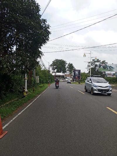 This image depicts an asphalt road scene in Ciloto, Indonesia, under an overcast sky. The view is from a low angle, looking down the road as it curves slightly rightward into the distance.
On the immediate left, an orange traffic cone is partially visible. The road edge is marked by a white solid line, beyond which is a grassy shoulder and dense green foliage. A person in a yellow shirt is partially visible behind these bushes, standing near a light-colored utility pole with horizontal bands. Overhead, multiple black utility wires stretch across the sky.
The two-lane road features a yellow solid line separating the lanes further down. A silver Toyota Avanza, with license plate B 2551 TV and a black roof rack, occupies the right lane, moving away from the viewer. Ahead of it in the left lane, a person wearing a dark helmet and jacket rides a dark motorcycle, also moving away. In the distant background, several other vehicles are visible near a cluster of buildings.
On the right side of the road, a modern lamppost with two ornate light fixtures stands. Beyond it, a large vertical billboard displays "NOOT PROK" and another billboard features an image of a house. Further back, various buildings, including one with "SARAS DEWI" and "MIE SARAWAK" visible, are nestled among trees resembling pines. The distant horizon is obscured by haze under the cloudy sky.