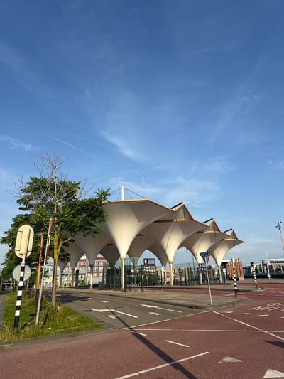 The image captures a street scene in Utrecht, Netherlands, in front of a modern architectural structure with a series of tent-like white canopies supported by pillars. The sky is blue with thin streaks of clouds and contrails. To the left, a tree with green foliage and a leafless branch stands near a traffic sign with black and white stripes and a circular blue sign. A red and white striped pole is also visible. The foreground shows a reddish-brown paved road with white directional arrows and lane markings. A bus stop or waiting area is situated under the canopies, with glass barriers and signage indicating stops labeled 'F' and 'D'. Buildings with multiple windows are visible in the background. The lighting suggests it is daytime, with shadows cast on the ground.