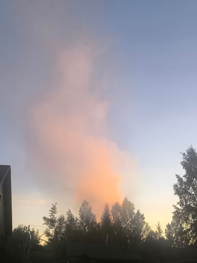 In Posadnikov Ostrov, Russia, a photograph captures a hazy sunset sky with hues of pink and orange illuminating a large plume of smoke rising from behind a line of silhouetted trees. The smoke dominates the upper left portion of the frame, diffusing the light. A dark-colored, gabled structure, likely a house, is partially visible on the far left. The lower portion of the image is filled with the dark silhouettes of evergreen and deciduous trees, with a few glimpses of rooftops and a chimney from what appear to be residential buildings. The sky transitions from a pale blue at the top to lighter tones near the horizon, suggesting early evening.