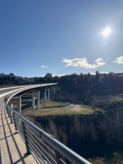 A view from a bridge, looking down at the structure's curved pathway and concrete supports. Lush green vegetation borders a lower path running parallel to the bridge. On the left, buildings nestle into the landscape. The sky is blue with scattered clouds, and the sun shines brightly. Railings line the edge, creating a sense of height and perspective.