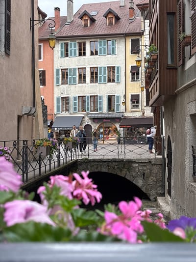 This image captures a charming street scene in Annecy, France, likely in the Old Town area. The foreground is dominated by soft-focus pink and purple flowers, suggesting a planter box overlooking a canal or waterway. A wrought-iron bridge with a diamond pattern railing crosses over a stone archway, where water flows beneath. Several individuals are present on the bridge. Two women and a man are walking together towards the left of the frame, while a woman with a red backpack is standing on the right, looking towards a building. In the background, multi-story buildings with traditional French architecture line the street. These buildings feature colorful shutters, dormer windows, and decorative gas lamps mounted on their facades. Shops with awnings are visible at street level. The overall atmosphere is picturesque and serene, indicative of a European city's historic quarter.