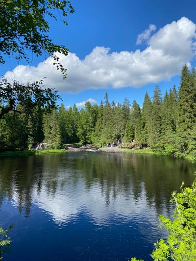 The image captures a serene natural landscape in Ruskeala, Russia. A dark, reflective body of water dominates the foreground, its surface rippled by gentle currents and reflecting the sky and surrounding trees. The water is bordered by a rocky shoreline and lush green grass.
In the mid-ground, a dense forest of coniferous and deciduous trees forms a vibrant backdrop. The trees are tall and densely packed, with their green foliage creating a rich texture.
A wooden boardwalk and bridge are visible along the shoreline, with several people casually walking on them or standing near the water's edge. These individuals appear to be tourists or visitors enjoying the scenery. Some are gathered in small groups, while others are more spread out.
The sky above is a brilliant blue, dotted with fluffy white clouds that are casting soft shadows on the landscape. The overall impression is one of a peaceful, picturesque natural park. The location is likely part of the Ruskeala Mountain Park, known for its marble canyons and surrounding forests.