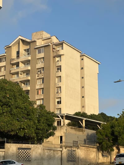 The image shows a tall, light-colored apartment building against a clear blue sky. The building has multiple stories with balconies and numerous windows, many of which have air conditioning units installed. In the foreground, a lush green tree with visible fruit partially obscures the lower part of the building. A concrete wall with decorative grilles and barbed wire runs along the bottom of the image, with a white car parked to the left and another car partially visible to the right. The scene appears to be in a warm climate, likely Barranquilla, Colombia, given the vegetation and architectural style, suggesting a residential area within the city's urban perimeter.