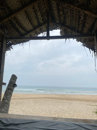 The view through a rustic structure, possibly a hut, reveals a beach scene. A thatched roof dominates the upper left, constructed with woven materials. The beach is sandy and wide, with gentle waves meeting the shore. Two figures are visible in the distance, wading in the water. The sky is overcast with gray clouds. A portion of a palm tree trunk is visible, with a small spotlight attached. The scene is somewhat muted in color, creating a serene and natural atmosphere.