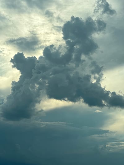 This is a vertical, close-up, medium-shot photograph of a sky filled with dramatic clouds. The clouds are the sole subject, appearing in various shades of gray and white, suggesting an overcast or stormy day. A strong light source, likely the sun, is partially obscured, creating bright highlights and dramatic contrasts. The clouds are textured and appear dense in some areas, with wispy formations in others. The overall impression is one of dynamic atmospheric conditions, possibly hinting at impending rain or a change in weather. The photograph captures a moment of natural beauty and power in the sky. The time of day is difficult to ascertain precisely due to the cloud cover, but the quality of light suggests it could be late afternoon or early morning. There is no visible text in the image.
