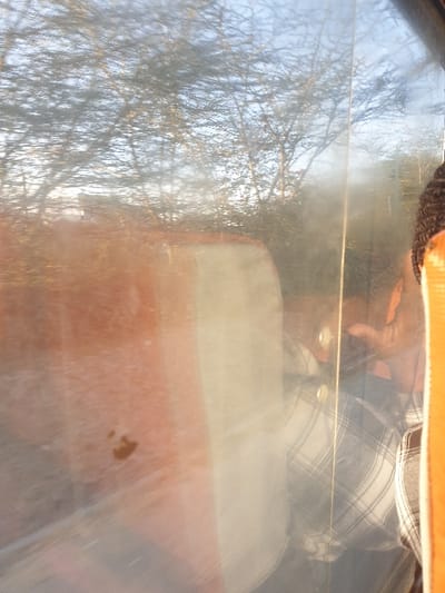 Through a grimy window, a hazy reflection shows a person in a plaid shirt and an orange object. The lower portion of the reflection is dominated by a large, blurry orange shape. Outside, bare tree branches are silhouetted against a pale sky. The overall image is distorted and unclear due to the dirty window, giving the scene a dreamlike quality.