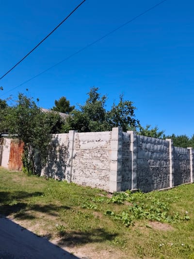 The image depicts an outdoor scene under a clear blue sky. In the foreground, there is a patch of grass with some scattered weeds and small white flowers. A dark, sloped surface, possibly a road or pathway, occupies the lower left portion of the frame, casting a shadow.
Dominating the middle ground is a section of a concrete block fence, showing signs of wear and some exposed rough texture. This fence is supported by concrete posts at regular intervals. To the left of the fence, a weathered, rusty metal gate is visible, leaning against a brick wall. Behind the fence, there is a dense growth of green trees and bushes, with the roof of a building peeking through the foliage. A single power line stretches diagonally across the upper part of the image against the sky.
The location is identified as Bor, Russia, and the scene appears to be a residential or semi-rural area, characterized by the fence, gate, and surrounding vegetation. There are no people or animals visible in the image. The overall impression is one of a sunny day in a somewhat unkempt outdoor space.