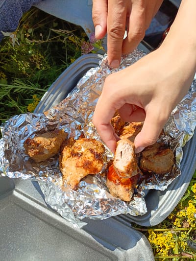 The image shows a close-up of hands interacting with cooked meat in a foil-lined container, situated outdoors amidst green foliage and yellow flowers, suggestive of a picnic or outdoor meal. The lighting indicates it is daytime, with a prominent shadow cast across the container. A person's fingers are seen touching a piece of meat, which has been broken in half, revealing its cooked interior and a glossy sauce. The overall scene depicts a moment of consumption or preparation of food in a natural setting.