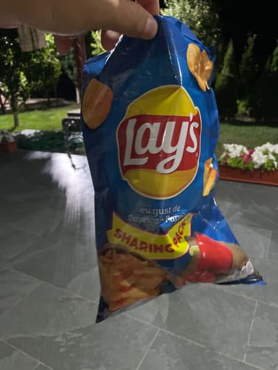 A person's hand holds a blue bag of Lay's paprika-flavored potato chips. The bag is partially open, revealing some chips. The background suggests an outdoor setting at night, possibly a garden or patio, with some greenery and a tiled floor. The location is specified as Slobozia-Dușca, Moldova.