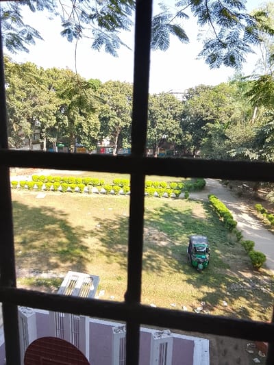 The image depicts an outdoor area in Shibpur, Bangladesh, viewed through dark, intersecting window bars. The foreground shows parts of a building's structure below, including light grey pillars and a reddish-brown circular fixture. The midground features a patchy green lawn where a dark green and black three-wheeled auto-rickshaw is parked, facing northeast. A winding dirt path borders the right side of the lawn, lined with trimmed green bushes. Another row of similar bushes forms a horizontal barrier further back. The background is dominated by a dense line of various green trees. Above the treeline, several multi-story buildings are visible, with one light-colored structure prominent on the right and another in the center-left displaying banners, one of which reads "BANGLADESH". The sky is clear and bright. No individuals are visible in the scene.