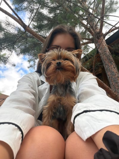 A low-angle, close-up shot shows a young woman wearing a white robe with black trim and a Yorkshire terrier held on her lap. The woman's face is partially obscured by the dog and her hair. She appears to be outdoors, with a large pine tree and its branches framing the top and right sides of the image. The sky with scattered clouds is visible through the branches. The background also shows a glimpse of a wooden structure. The scene appears to be in a natural setting, likely a yard or garden, in the village of Mansky, Russia.