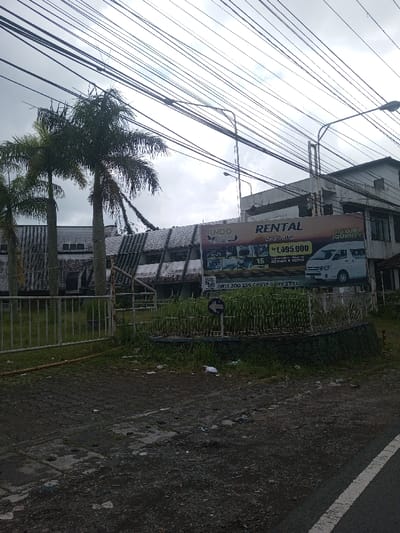 The image captures a roadside scene on what appears to be an overcast day. The perspective is from slightly above ground level, looking towards a row of buildings and vegetation.
In the foreground, the ground is a mix of dark, uneven asphalt or dirt, with some patches of lighter concrete or pavement visible on the left. There's some scattered litter, including a white piece of trash, on the right side of this rough ground. A white, metal, horizontal slatted fence with vertical posts separates the road from the property behind it. To the right of the fence, there's a raised planter or retaining wall made of dark stone or brick, topped with lush green, grass-like plants arranged in neat rows. A black circular sign with a white arrow pointing left is visible within this planter.
The midground is dominated by several elements. On the left, two prominent palm trees with tall, slender trunks and full, green fronds stand tall, partially obscuring the buildings behind them. More palm fronds are visible to the far left. Behind the fence and palm trees, there are several buildings, some of which appear to be in a state of disrepair or under renovation, with exposed structural elements and somewhat weathered facades. One building, directly behind the prominent billboard, has a modern, multi-story appearance with dark-framed windows.
The most striking feature in the midground is a large, orange and white billboard. The billboard advertises a "RENTAL" service. The main text on the left side, under a logo with butterfly-like wings, says "INDO Trans". Below this, there's text "SEWA MOBIL" (which translates to Car Rental). The headline "RENTAL" is large and central, with "LUXURY JOURNEY" written smaller to its right. Below "RENTAL", a price is displayed prominently: "Rp 1.095.000". Further down, smaller text includes "15", "Jam", and "BENSIN & SUPIR" (which means 'Gas & Driver'). Several small images of different vehicles are shown horizontally below the "INDO Trans" logo and extending across the billboard, featuring minivans and sedans. On the far right of the billboard, a white passenger van is prominently displayed. Below the main rental information, there's a QR code and several phone numbers: "0817 200 259", "0812 8099 3773", and another partially visible number.
Numerous black power lines or utility cables crisscross the upper part of the image, stretching across the sky, some attached to utility poles that are also visible. There are two streetlights, one closer and on the right, and another further back and to the left, both with curved poles and upward-sloping light fixtures.
The sky is a uniform, light grey, indicating an overcast or cloudy day, without direct sunlight. The overall impression is functional and somewhat industrial or commercial, with elements of nature interspersed.